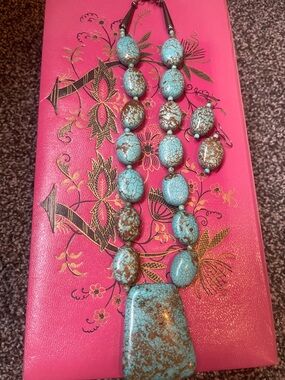 Turquoise Stone Statement Necklace and Bracelet Set - Blue-Turquoise